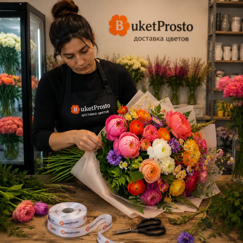 Флорист собирает яркий дофаминовый букет в «Букет Просто»